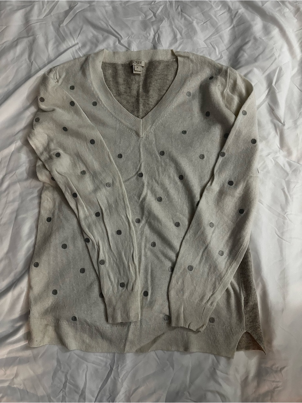 J. Crew Cream V-Neck Polka Dot Sweater with Gray Dots